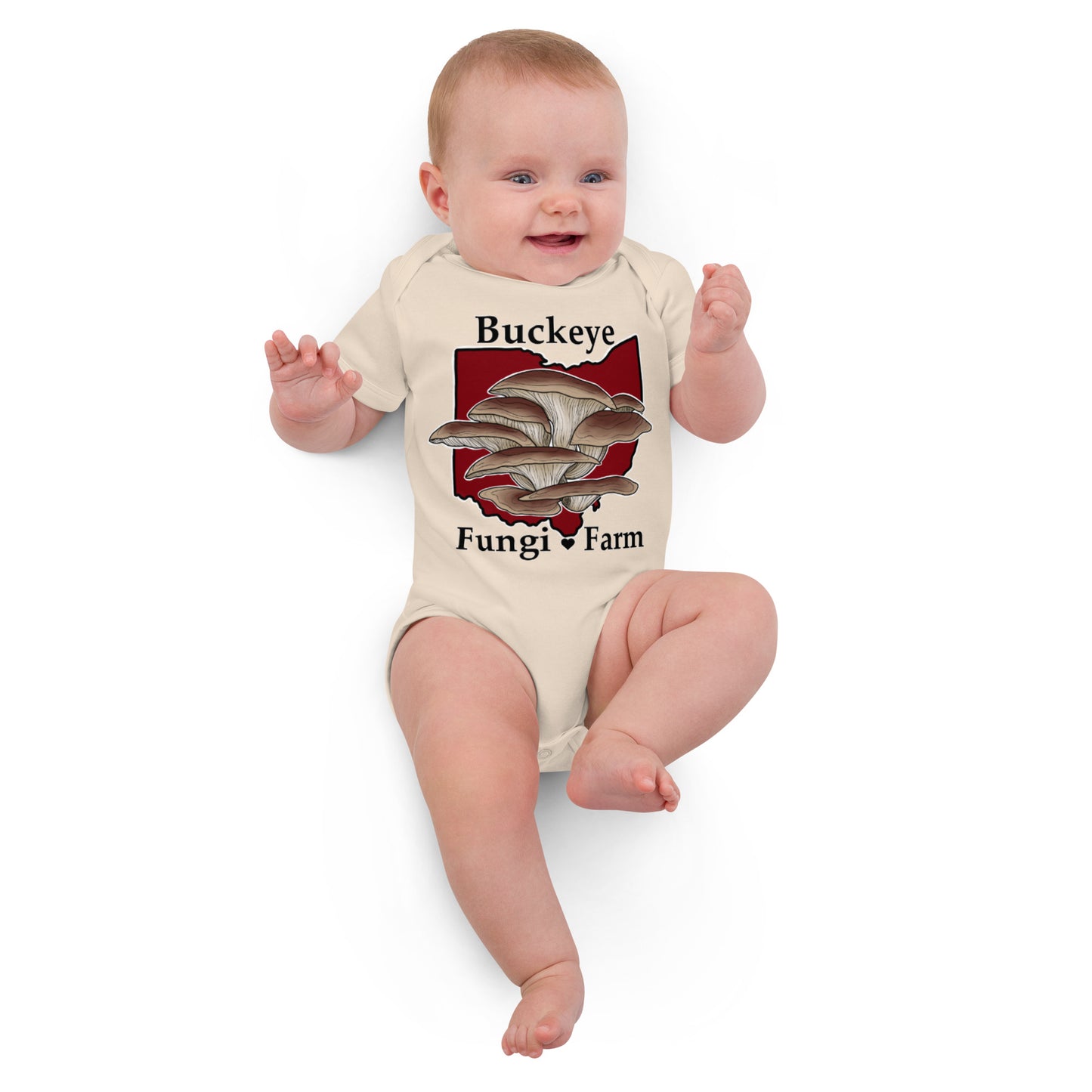 Buckeye Fungi Farm Logo- Organic cotton baby bodysuit